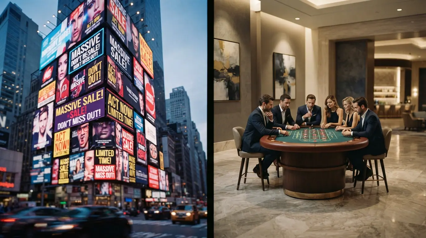 Eine grafische Gegenüberstellung: links ein überfülltes Marken-Billboard, rechts eine ruhige, hochwertige Casino-Lobby