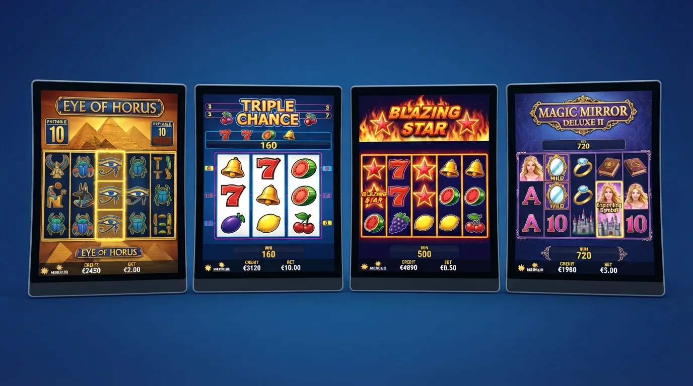Vier Merkur-Slot-Bildschirme nebeneinander: Eye of Horus mit ägyptischen Symbolen, Triple Chance mit Früchten, Blazing Star mit leuchtenden Sternen und Magic Mirror Deluxe mit Märchenmotiv