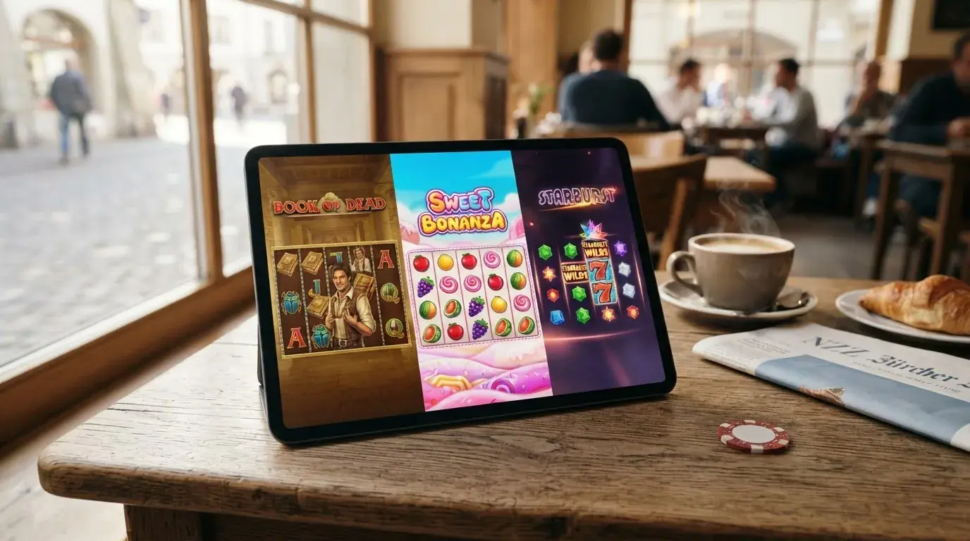 Die Spieloberflächen von Book of Dead, Sweet Bonanza und Starburst nebeneinander auf einem Tablet-Bildschirm