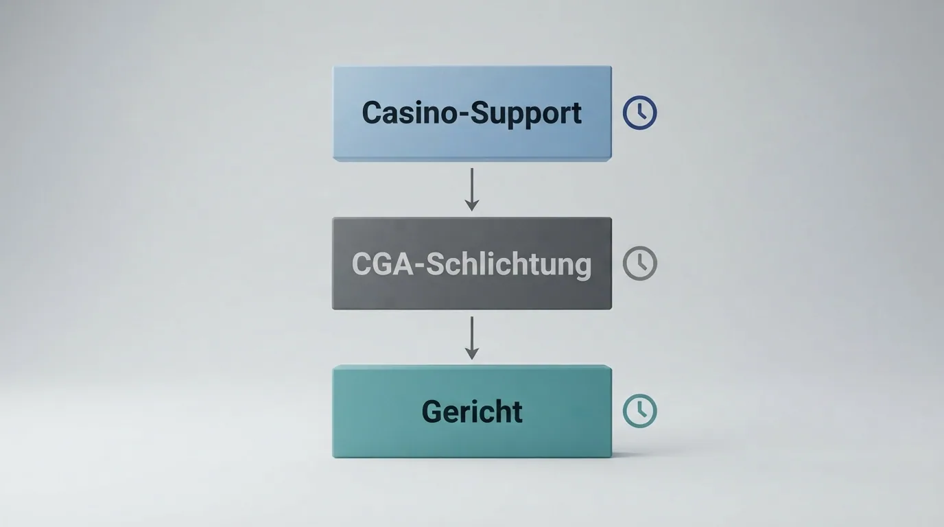 Ein dreistufiges Flussdiagramm: Casino-Support → CGA-Schlichtung → Gericht, mit einer Uhr als Symbol für Fristen