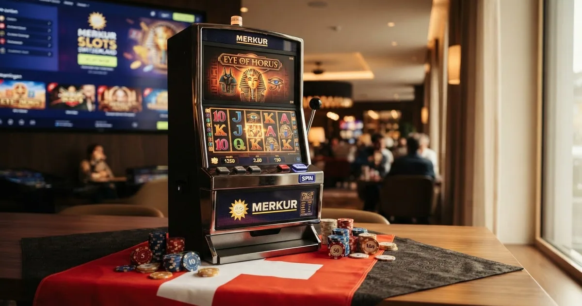 Merkur-Spielautomat mit Schweizer Flagge und Casino-Chips vor digitalem Hintergrund