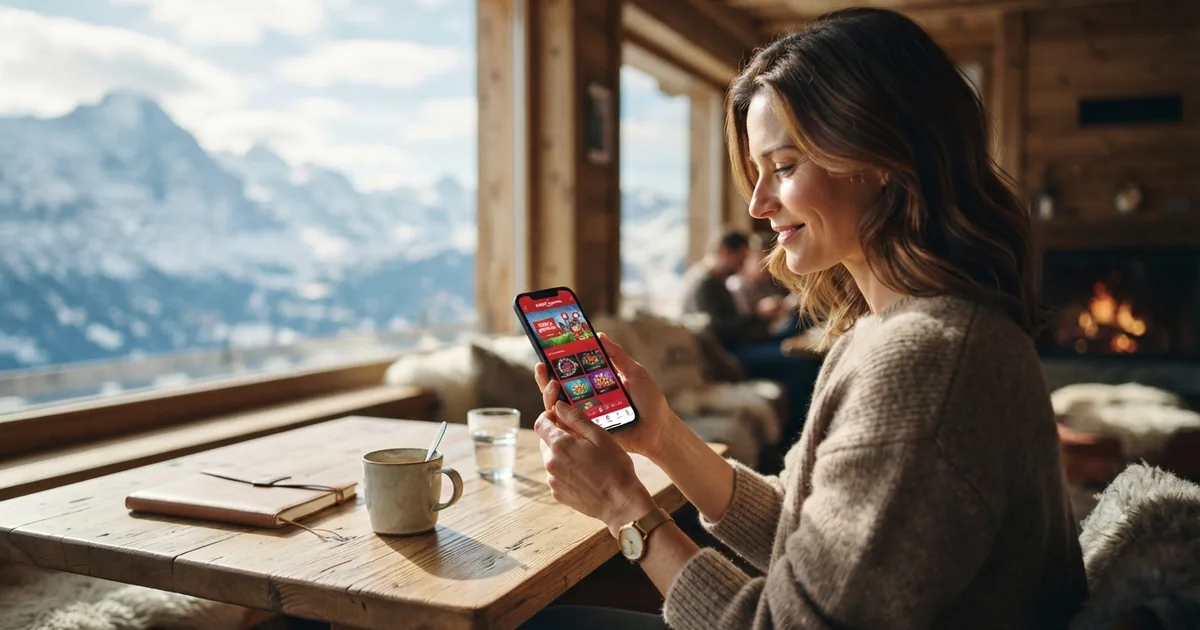 Eine Person hält ein Smartphone mit einer Casino-App-Oberfläche, im Hintergrund Schweizer Alpen