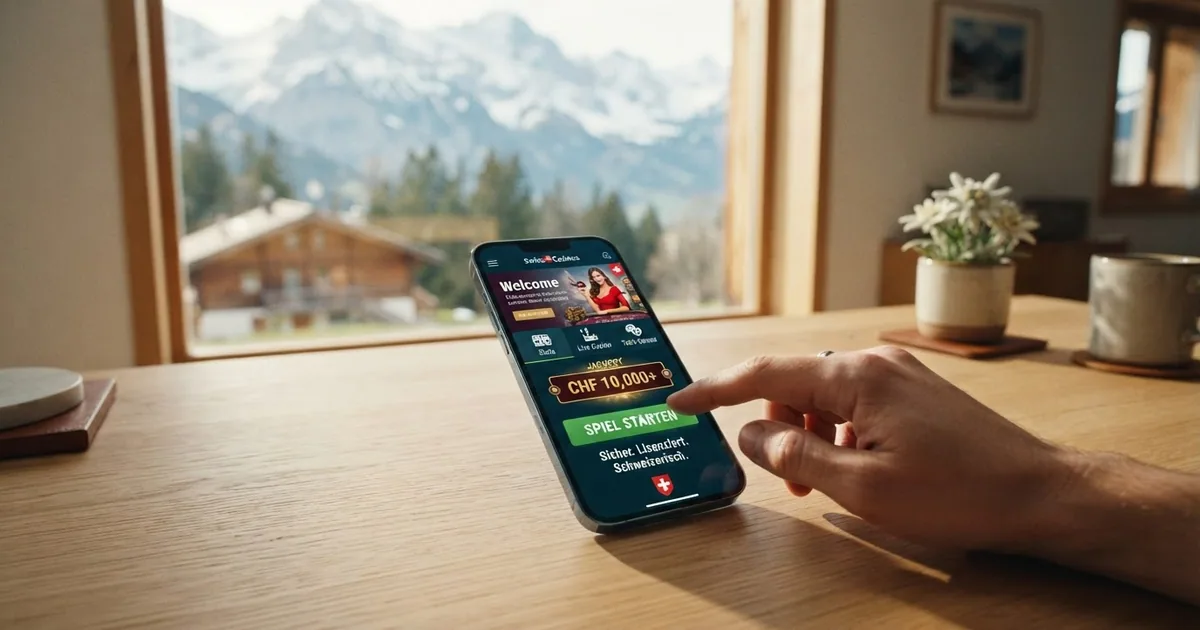 Startseite eines lizenzierten Schweizer Online-Casinos mit Spielauswahl und Einzahlungsbutton