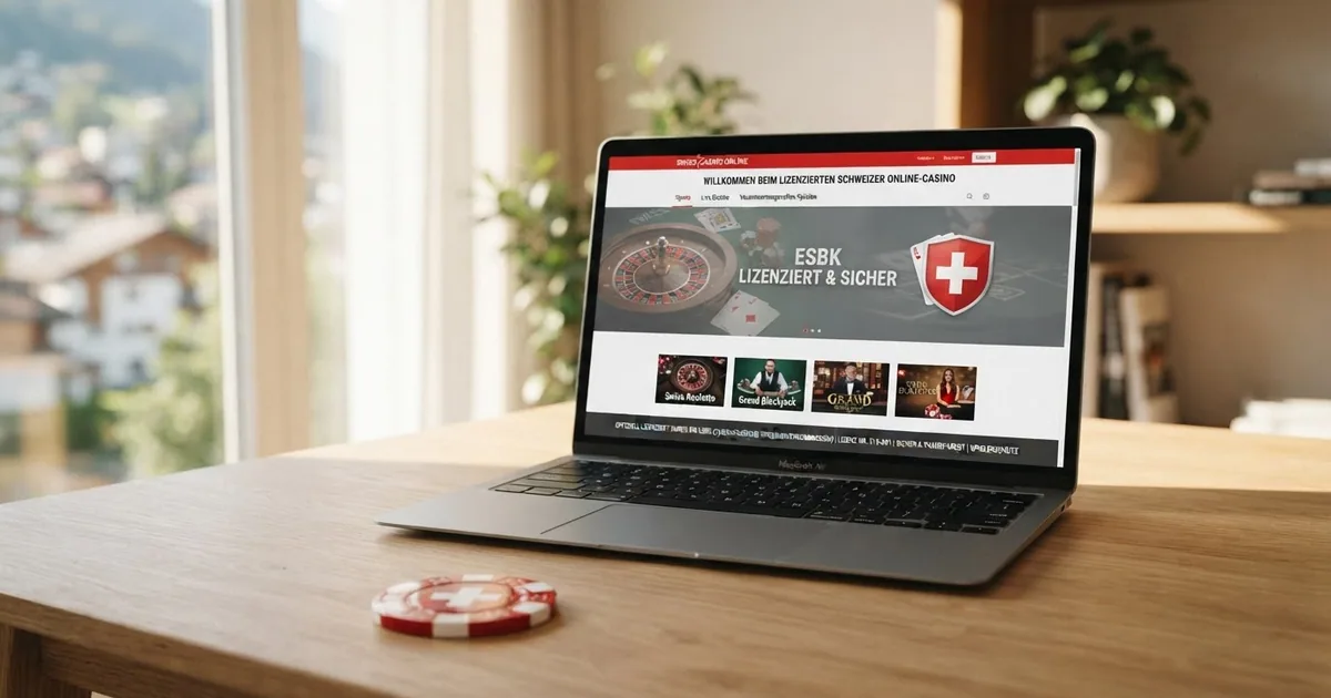 Eine Collage aus Startseiten lizenzierter Schweizer Online Casinos mit sichtbaren ESBK-Konzessionshinweisen auf einem Bildschirm