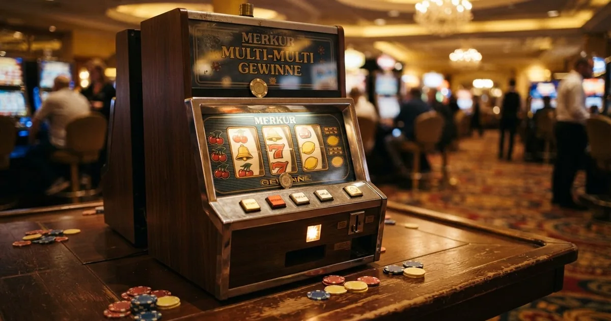 Ein Merkur-Spielautomat mit klassischen Fruchtsymbolen und beleuchtetem Merkur-Logo, fotografiert in einer Spielbank-Umgebung