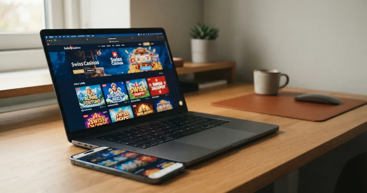 Ein Smartphone und ein Laptop zeigen die Lobby eines Schweizer Online-Casinos mit mehreren Slot-Titeln in der Spielübersicht