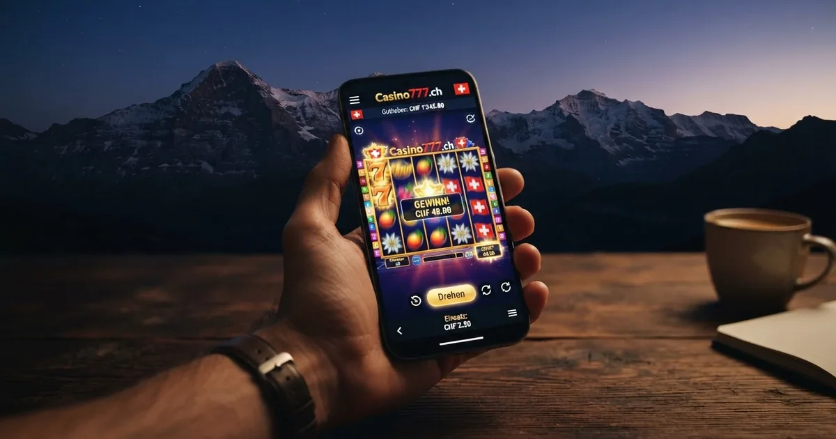 Eine Reihe bunter Spielautomaten-Walzen mit Schweizer Casino-Logos im Hintergrund