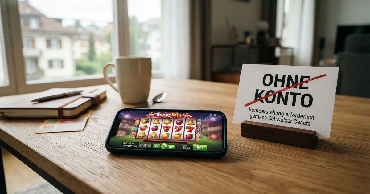 Ein Smartphone mit der Startseite eines Online-Casinos, daneben ein durchgestrichenes «Ohne Konto»-Schild