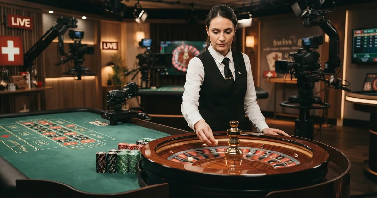Echter Croupier an einem Live-Roulette-Tisch, übertragen aus einem professionellen Casino-Studio mit mehreren Kameraperspektiven
