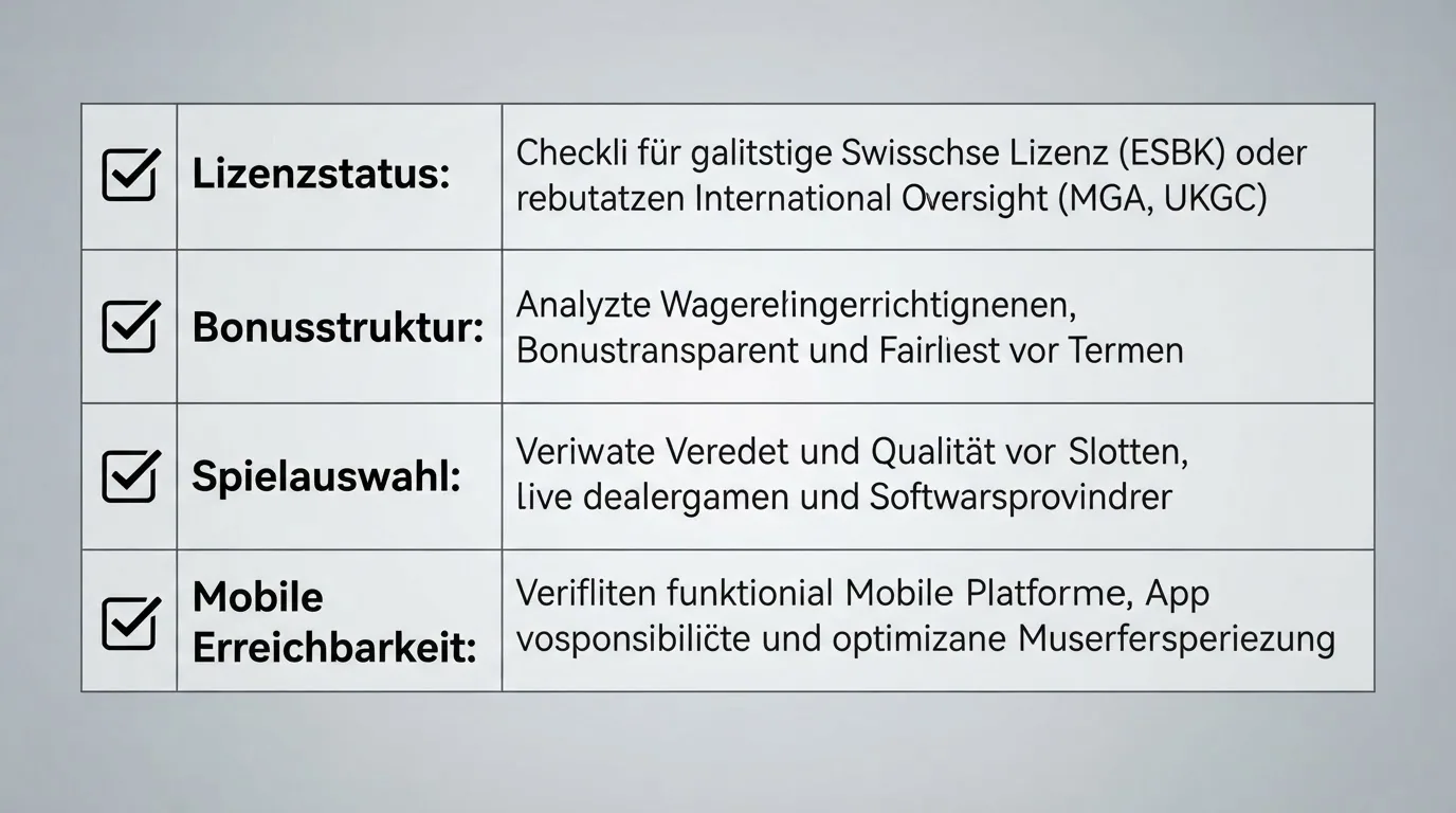 Checkliste mit Bewertungskriterien für Online-Casinos: Lizenzstatus, Bonusbedingungen, Spielauswahl, mobiler Zugang