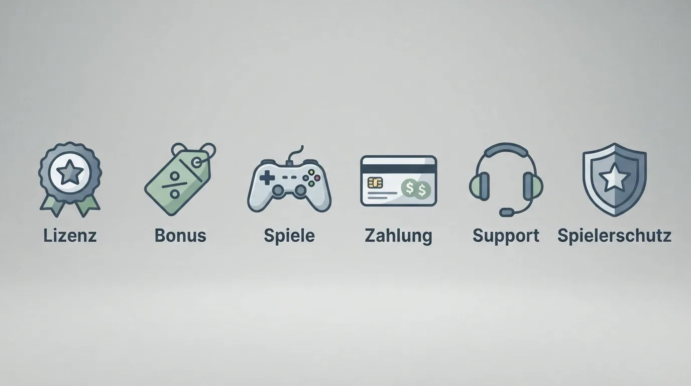 Eine Checkliste mit sechs Kriterien-Icons: Lizenz, Bonus, Spiele, Zahlung, Support, Spielerschutz — jedes mit Haken oder Fragezeichen