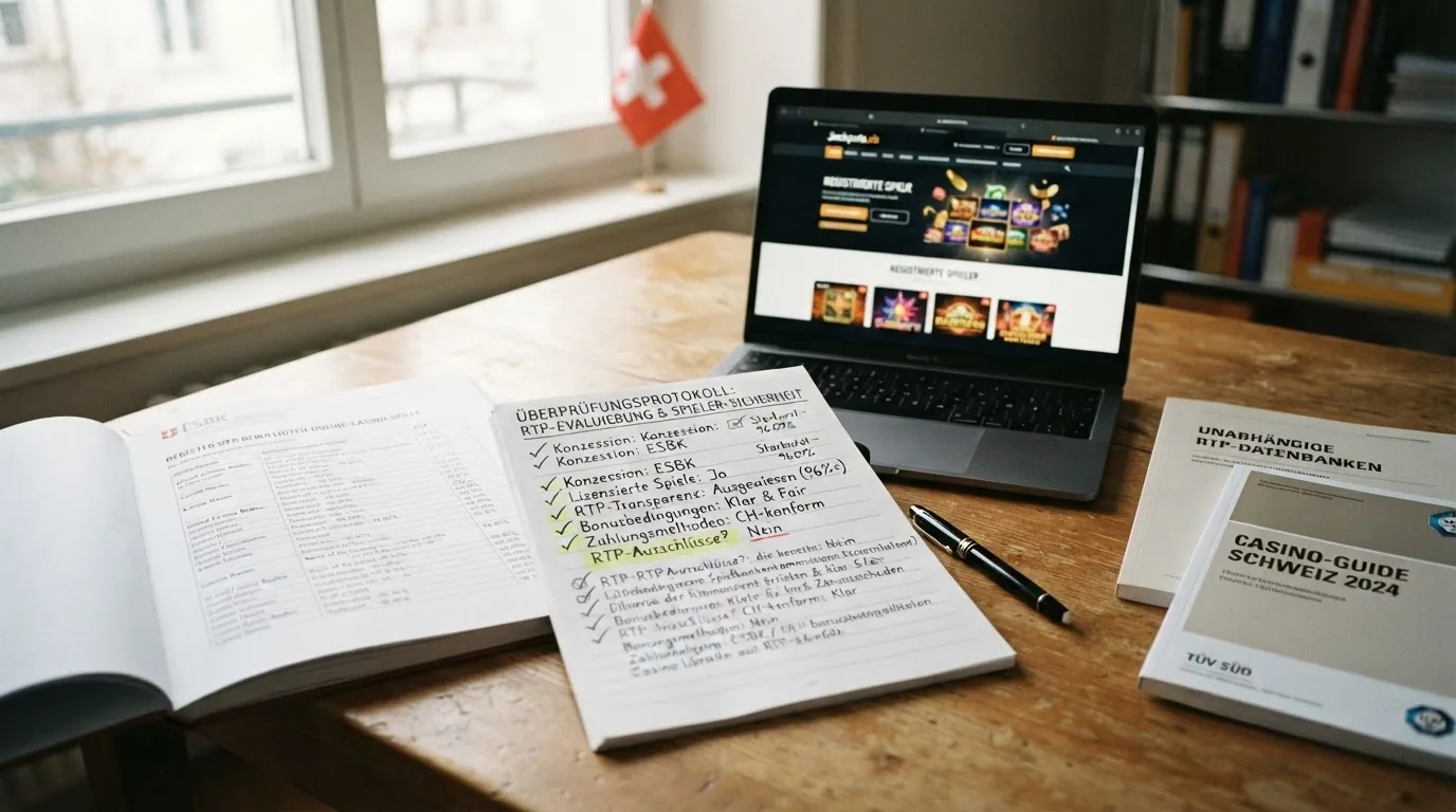 Ein Schreibtisch mit Dokumenten, dem ESBK-Register, Betreiber-Websites auf einem Monitor und einer Checkliste mit Bewertungskriterien