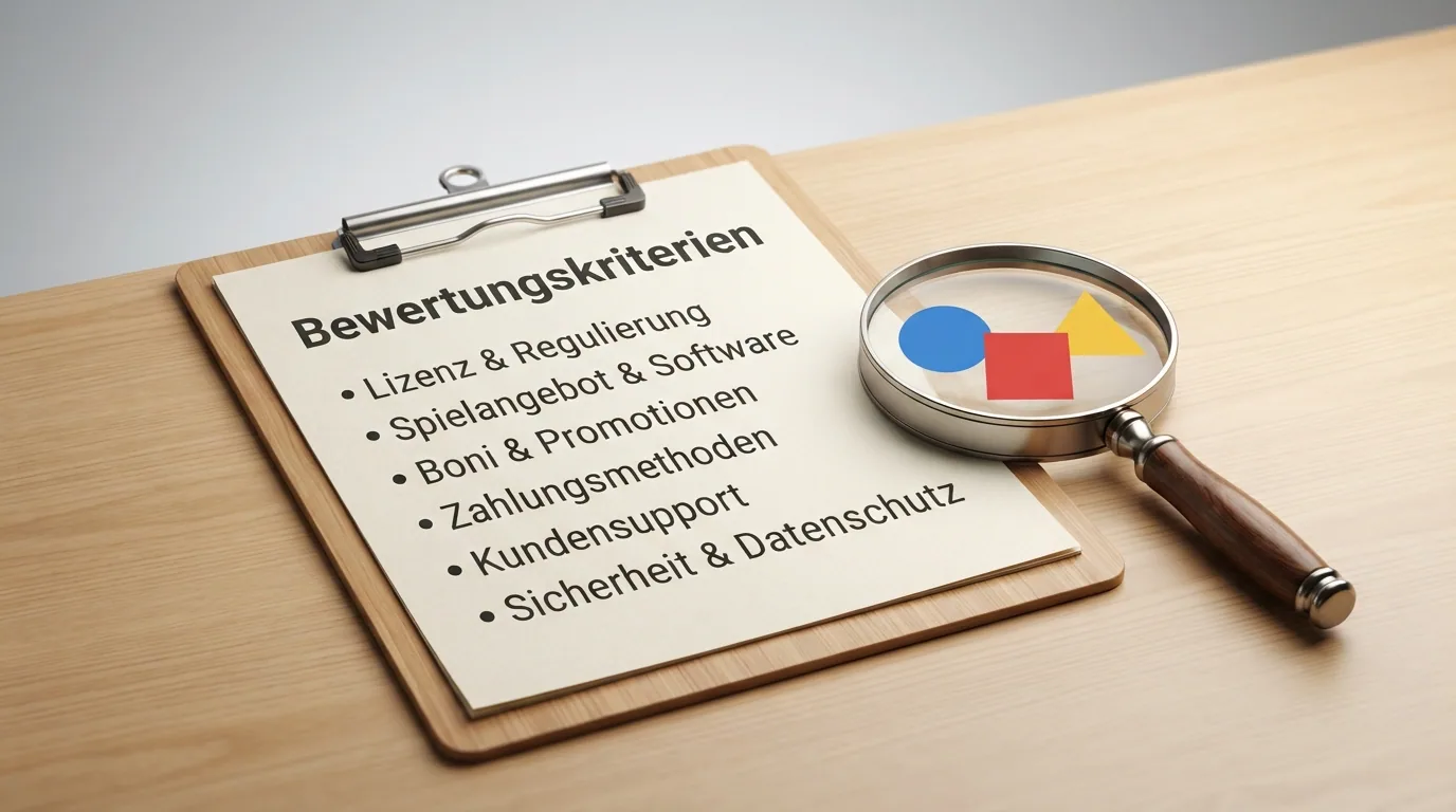 Ein Klemmbrett mit einer Checkliste, daneben eine Lupe über den Logos der geprüften Casinos