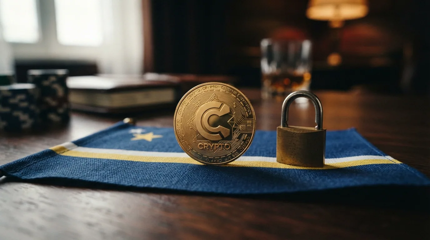 Eine Bitcoin-Münze auf einer Curacao-Flagge, daneben ein Schloss-Symbol, das halb geöffnet ist