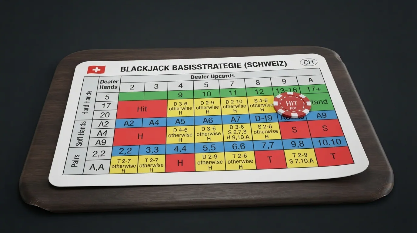 Nahaufnahme einer Blackjack-Basic-Strategy-Referenzkarte mit farblich markierten Entscheidungsfeldern