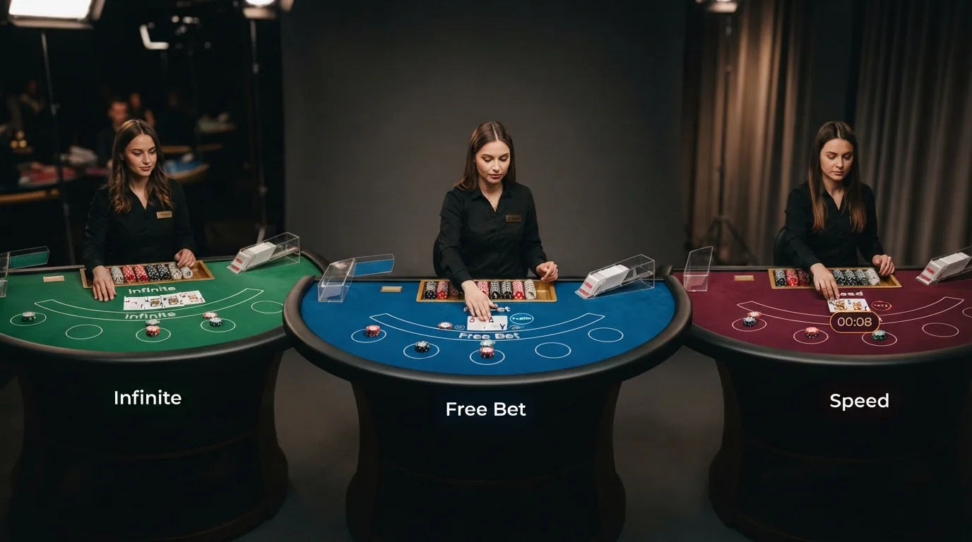 Drei nebeneinander aufgereihte Blackjack-Tische mit unterschiedlichem Tisch-Design und Einsatzfeldern