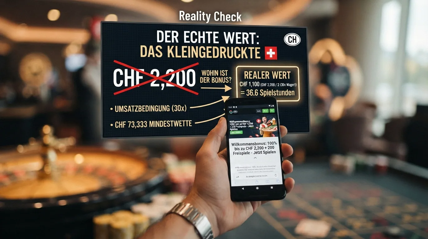 Stilisierte Bonus-Anzeige mit durchgestrichener hoher Zahl und daneben dem realen Wert nach Wagering, Rechenpfeil