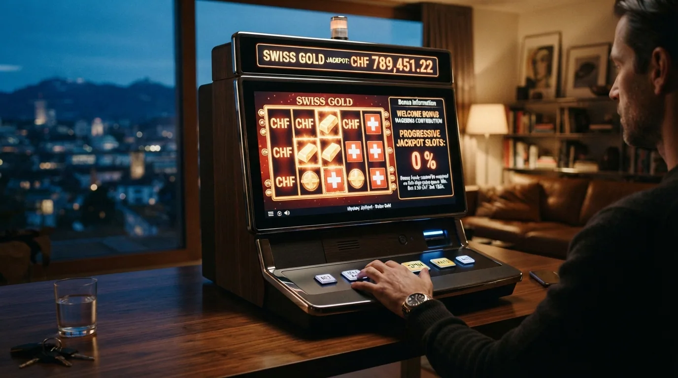 Ein Jackpot-Slot-Bildschirm mit einem durchgestrichenen «0 %»-Symbol neben einem Bonus-Schriftzug — Visualisierung des Ausschlusses von Jackpot-Spielen von der Umsatzbedingung