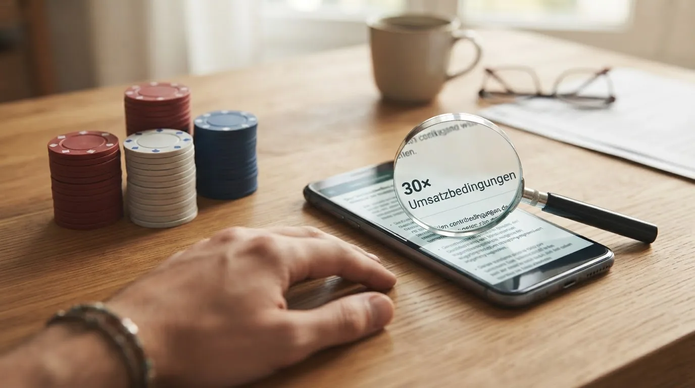 Drei Stapel Schweizer Franken-Noten auf einem Tisch neben einem Smartphone mit Casino-App; darüber schwebt halbtransparent ein Lupensymbol mit der Ziffer «30×»