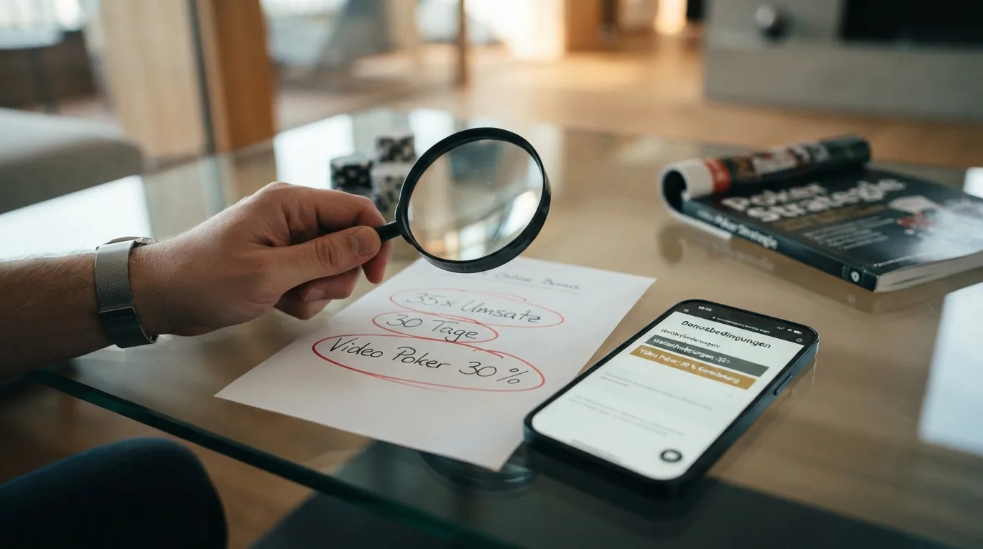 Lupe über einem Bonus-Angebot mit handschriftlich eingekreisten Bedingungen: «35× Umsatz», «30 Tage», «Video Poker 30 %»