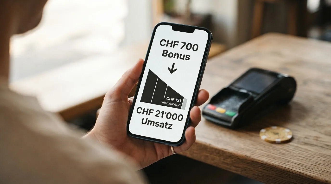 Eine Infografik, die zeigt, wie eine Bonus-Summe durch Umsatzbedingungen schrumpft — CHF 700 Bonus werden zu CHF 21'000 nötigem Umsatz