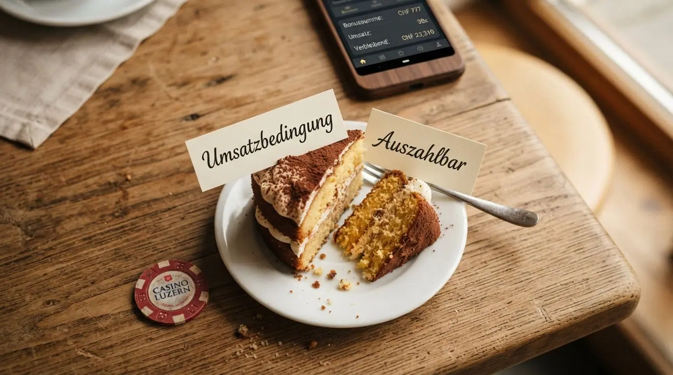 Ein aufgeschnittener Kuchen, bei dem ein grosses Stück mit «Umsatzbedingung» und ein kleineres mit «Auszahlbar» beschriftet ist