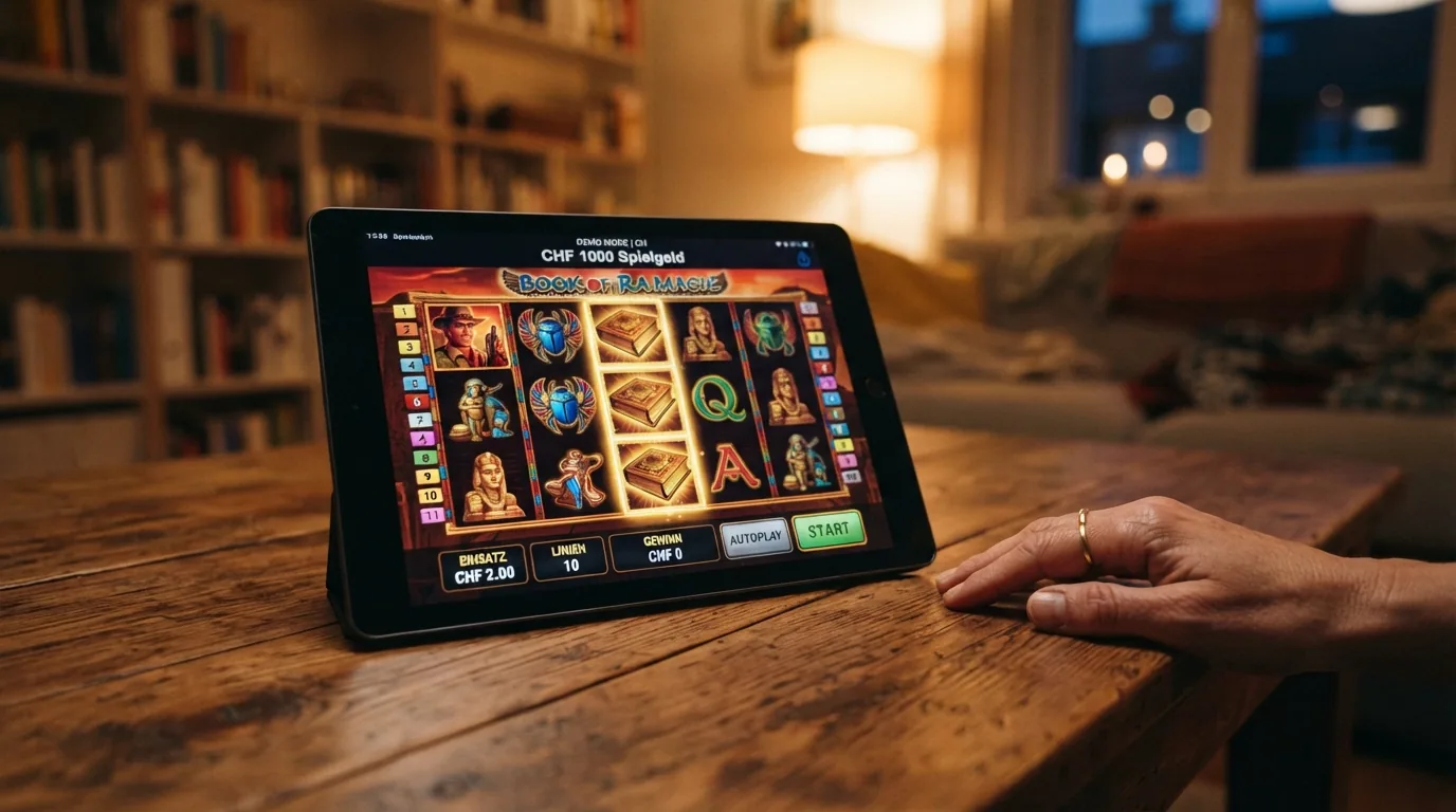 Book-of-Dead-Spielfeld im Demo-Modus mit Spielgeld-Guthabenanzeige in CHF