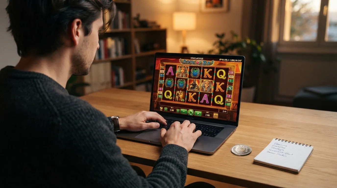 Book of Ra im Demo-Modus auf einem Laptop-Bildschirm mit Spielgeld-Anzeige und dem «Demo»-Label