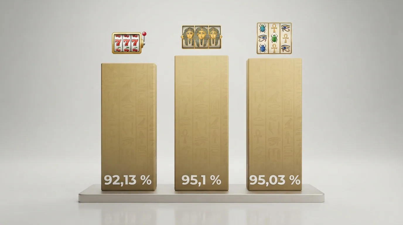 Grafische Gegenüberstellung der RTP-Prozentwerte von Book of Ra Classic (92,13 %), Deluxe (95,1 %) und Magic (95,03 %)