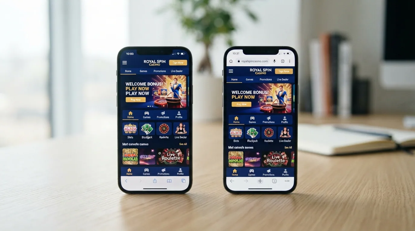 Zwei Smartphones nebeneinander: eines mit Casino-App-Icon, eines mit geöffnetem Browser
