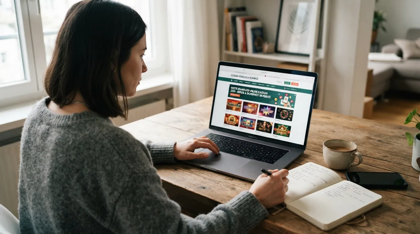Eine Person sitzt an einem Tisch mit Laptop, auf dem eine Casino-Vergleichstabelle zu sehen ist — im Hintergrund eine Schweizer Berglandschaft, die Ruhe und Bedachtsamkeit ausstrahlt