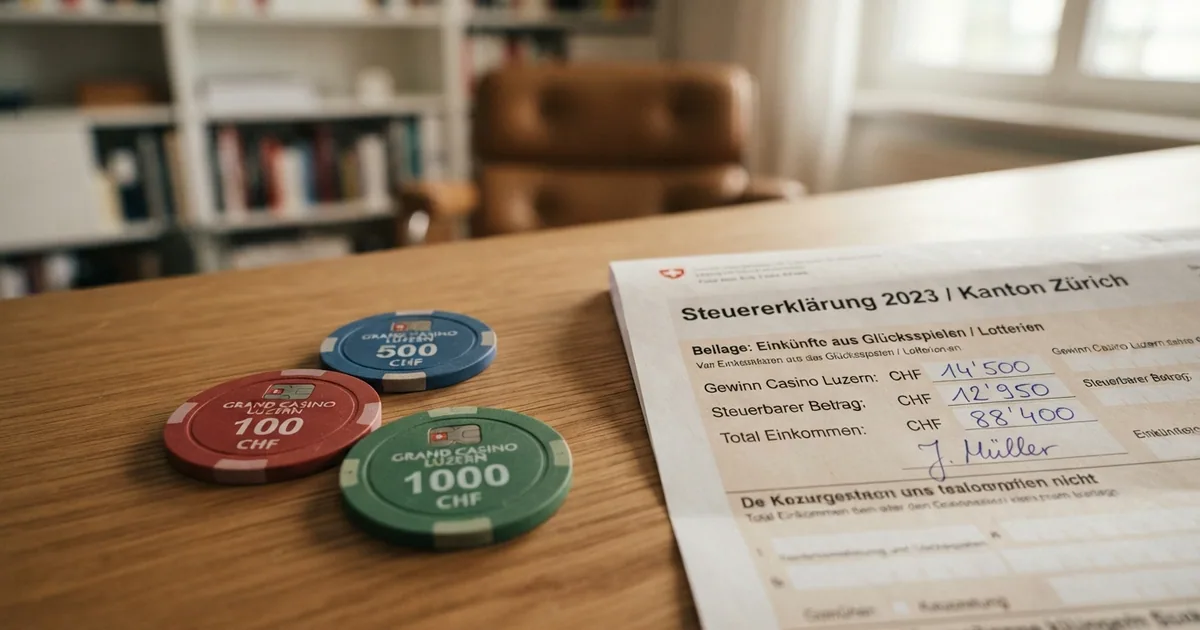 Schweizer Casino-Chips neben einem Steuerformular und dem Bundesbrief — Illustration der drei Themen Gewinn, Recht und Steuer