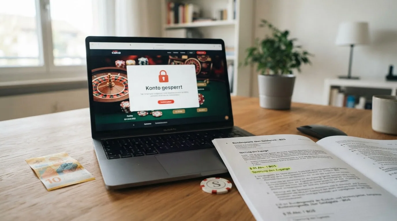 Ein Laptop-Bildschirm mit einem Sperrhinweis und daneben ein offenes Dokument mit markiertem Paragrafen-Zeichen