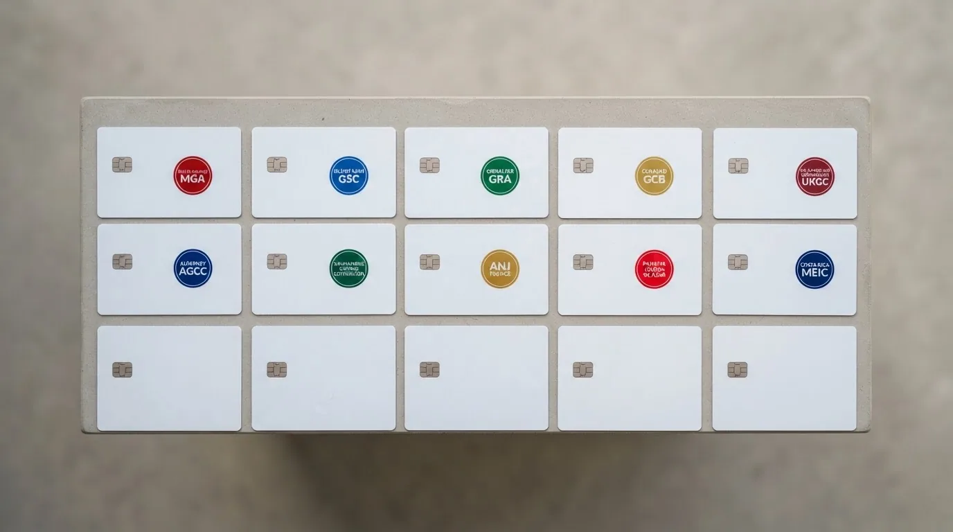 Eine visuelle Übersicht mit zehn Casino-Karten in einem Raster, jede mit farbigem Lizenz-Badge markiert
