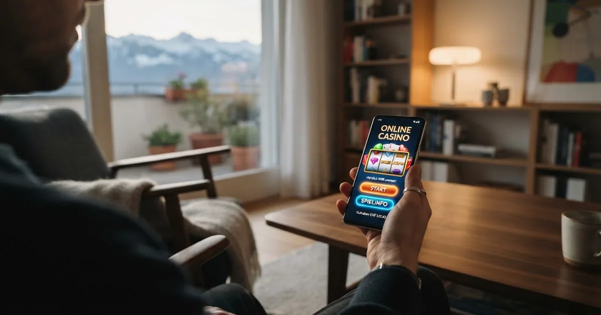 Eine Nahaufnahme eines Schweizer Online-Casino-Startbildschirms mit sichtbarem Spielinfo-Button, im Hintergrund ein Screenshot einer Auszahlungsquote