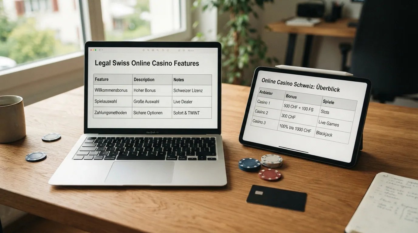 Vergleichstabelle der zehn legalen Schweizer Online-Casinos mit Bewertungskriterien