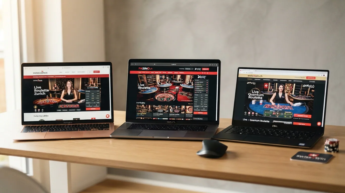 Übersicht mehrerer Schweizer Online-Casino-Startseiten mit Live-Roulette-Vorschau, nebeneinander als Vergleich