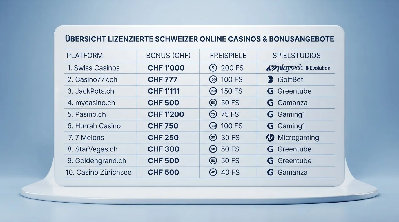 Eine tabellarische Übersicht der zehn ESBK-konzessionierten Online-Casinos mit ihren Bonusbeträgen Freispielen und Provider-Schwerpunkten