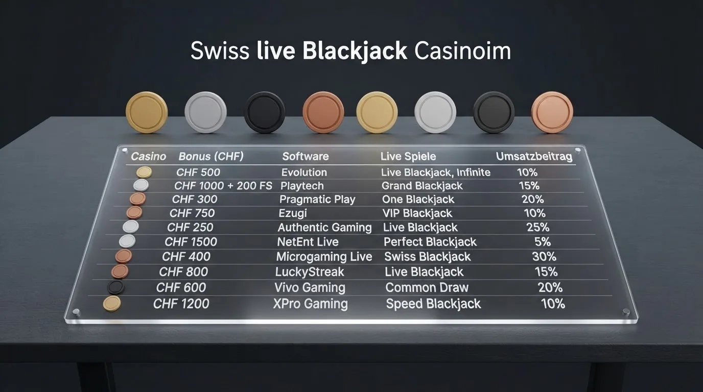 Zehn Casino-Logos nebeneinander aufgereiht mit einer darunter liegenden Vergleichstabelle