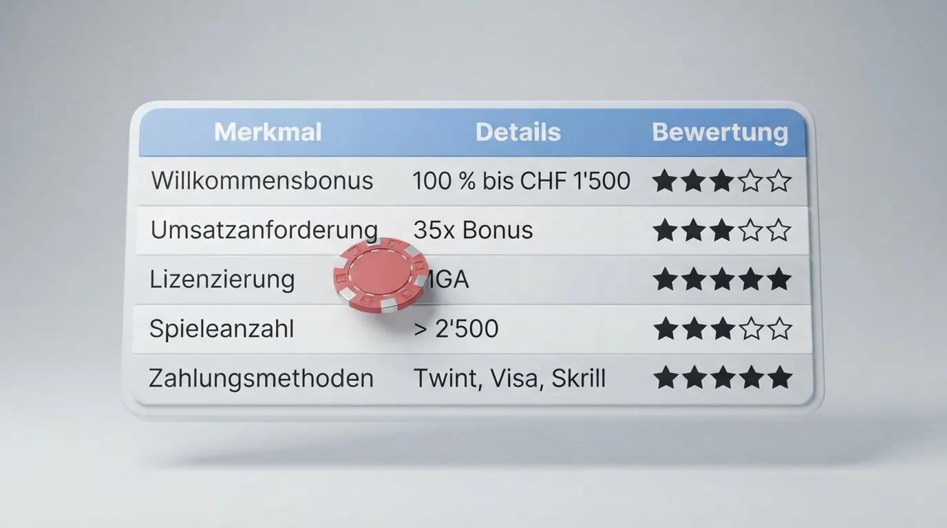 Stilisierte Vergleichstabelle mit Bonus-Werten, Umsatzbedingungen und Lizenzspalten für zehn Casino-Logos
