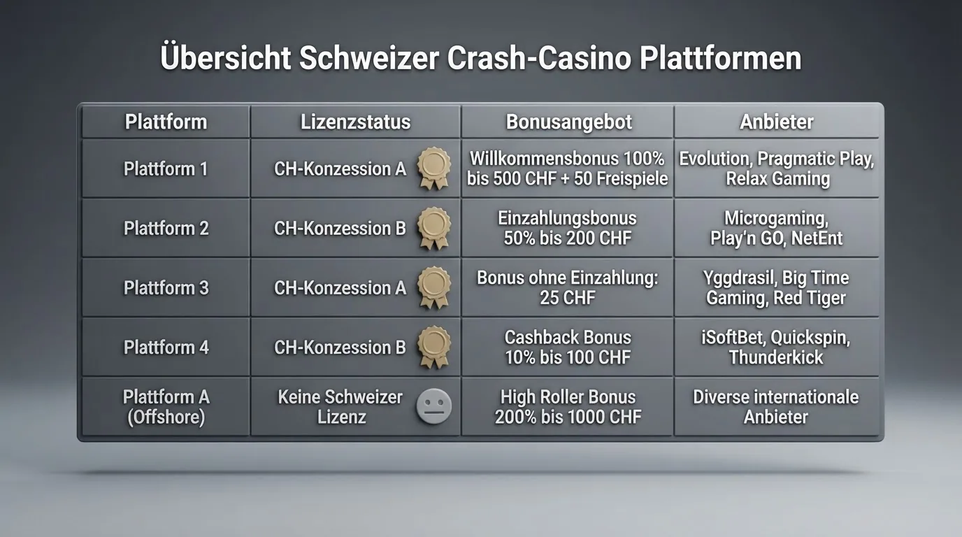 Eine Übersichtstabelle mit den Logos und Bewertungen der zehn verglichenen Crash-Casino-Plattformen