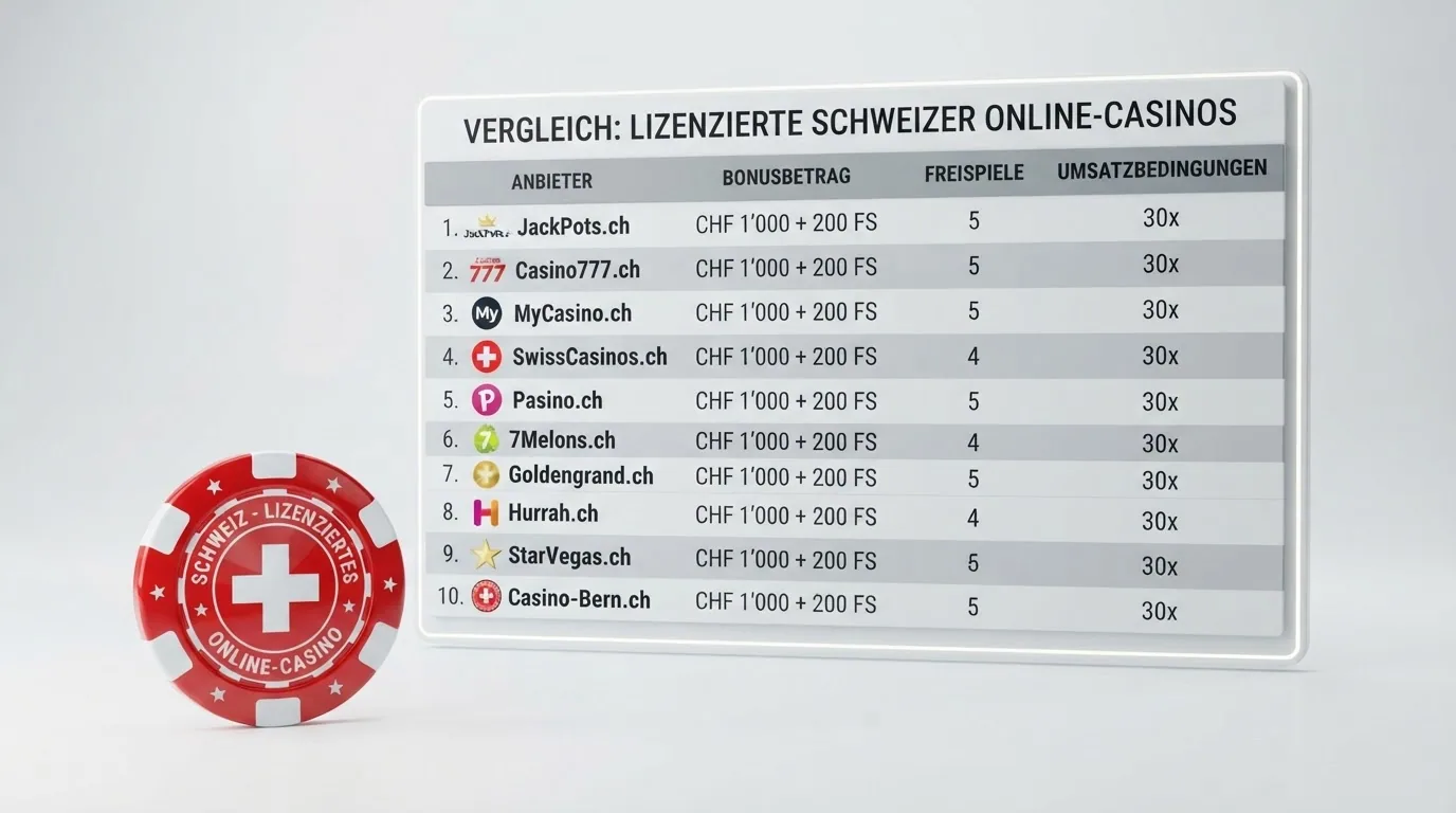 Vergleichstabelle mit den zehn besten lizenzierten Schweizer Online Casinos, ihren Bonusbeträgen, Freispielen und Umsatzbedingungen