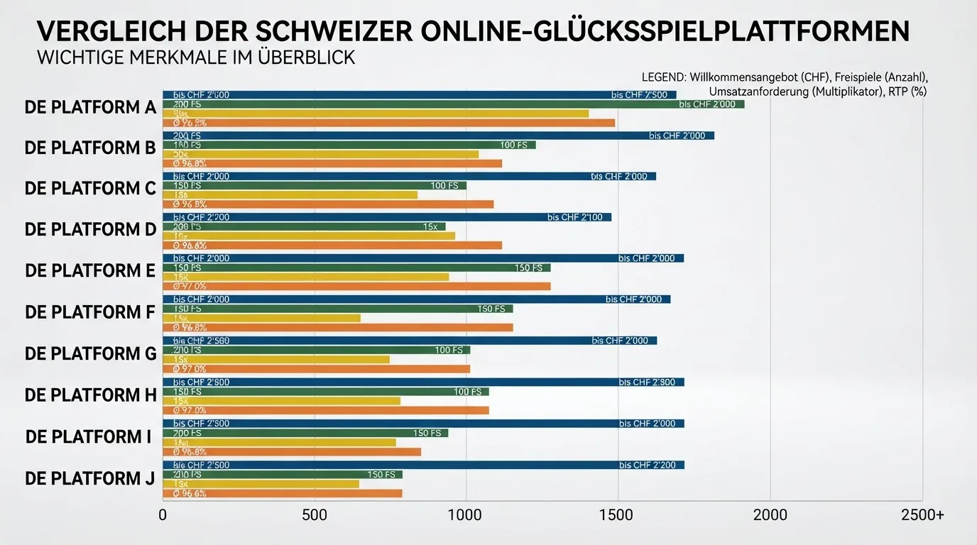 Vergleichstabelle der zehn vorgestellten Schweizer Online-Casinos mit ihren Kernmerkmalen