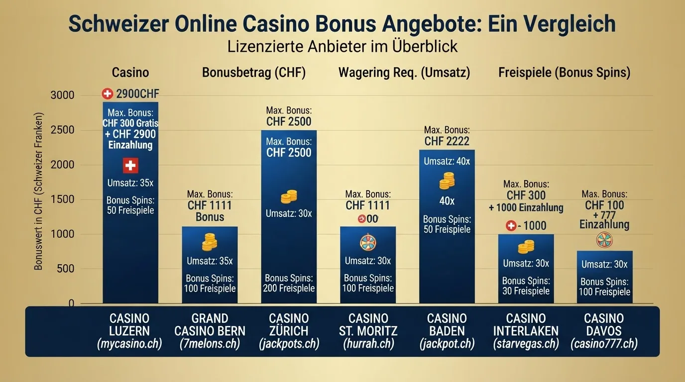 Vergleichstabelle mit den zehn ESBK-lizenzierten Schweizer Online-Casinos und ihren Bonusmerkmalen