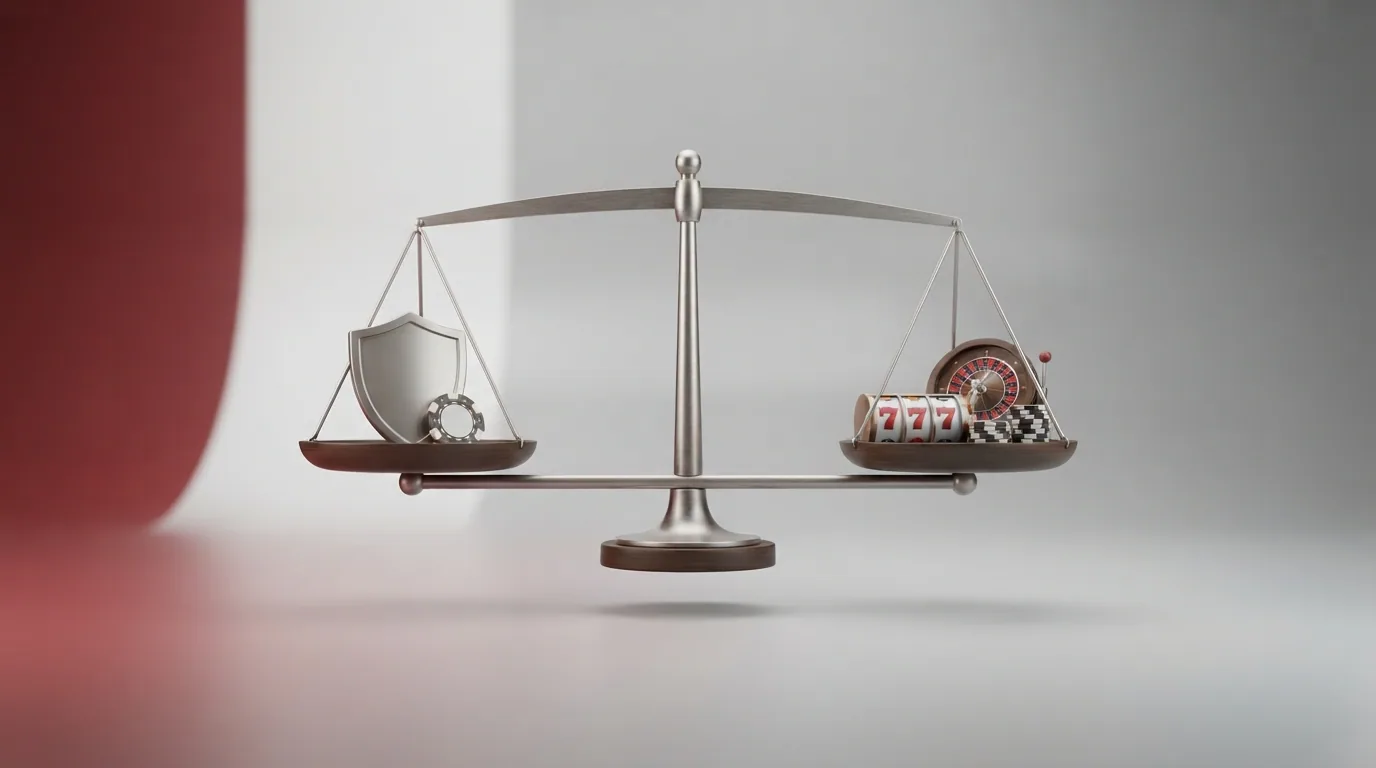 Eine stilisierte Waage mit «Sicherheit und Spielerschutz» auf der einen Seite und «Bonus, Spiele und Auszahlungstempo» auf der anderen