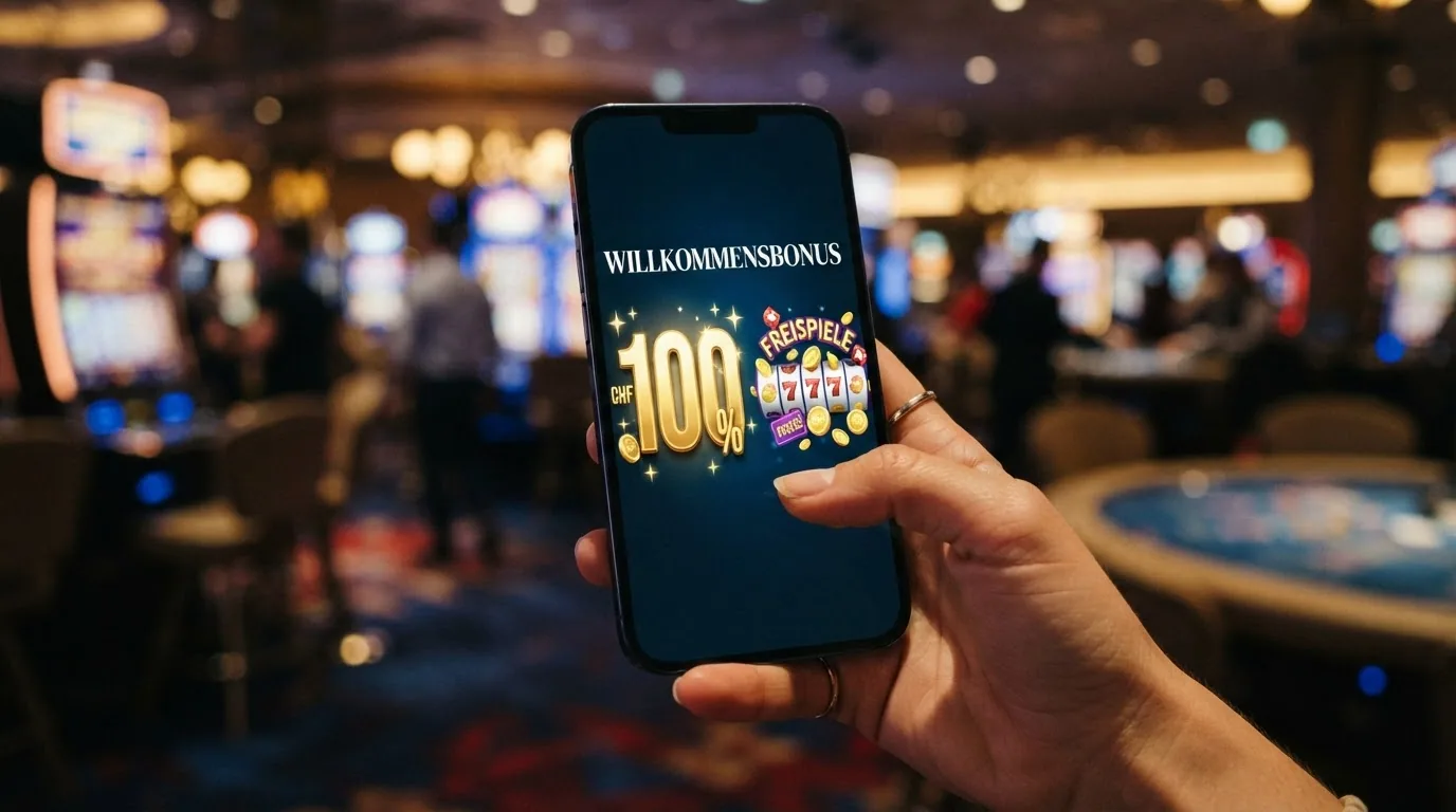 Stilisierte Grafik eines Willkommensbonus mit Prozentzeichen, CHF-Symbol und Freispiel-Icons vor Casino-Hintergrund