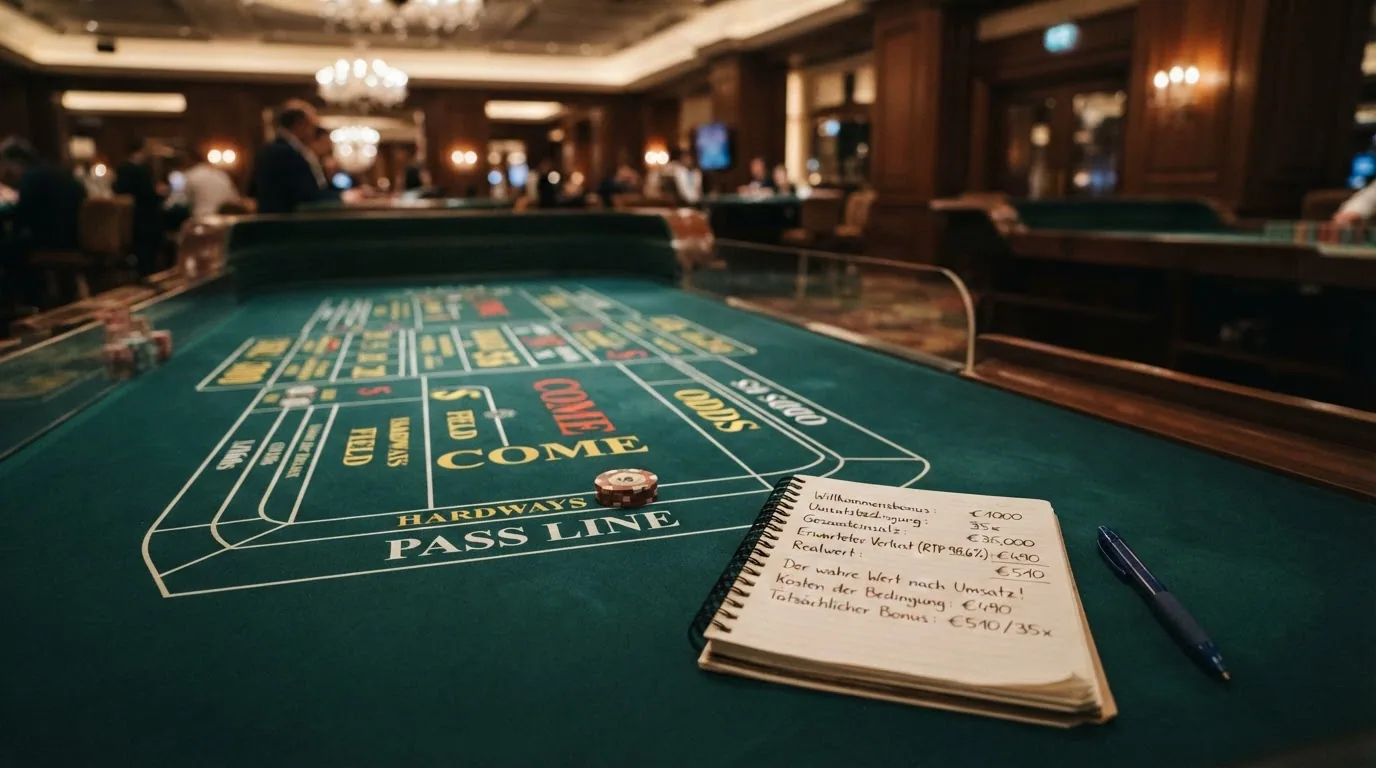Taschenrechner neben einem Craps-Tisch, das Display zeigt eine durchgestrichene Zahl