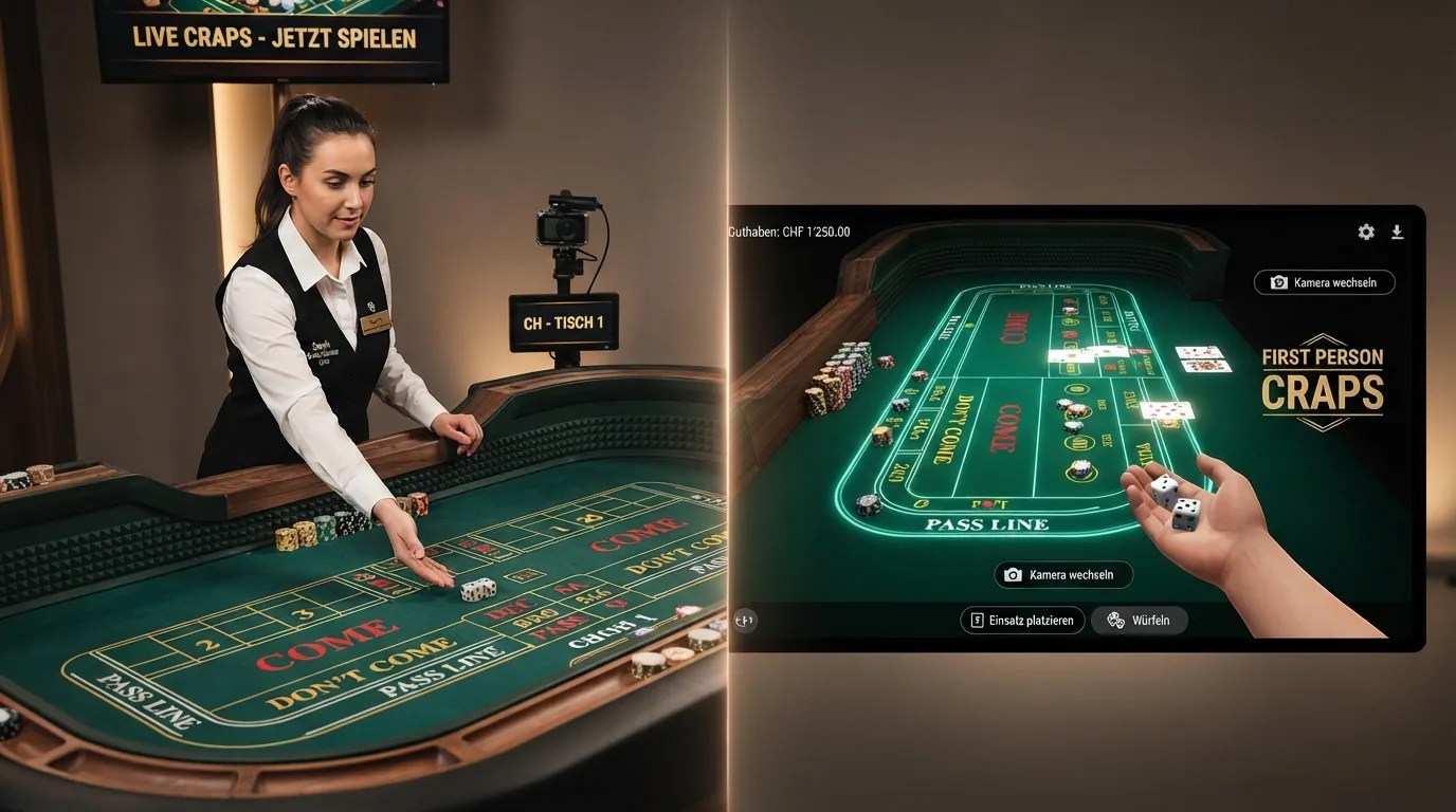 Geteilter Bildschirm: links ein Live-Dealer am Craps-Tisch, rechts die digitale First-Person-Ansicht