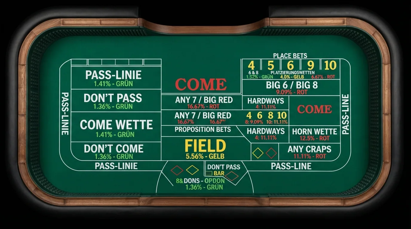 Craps-Tischlayout mit farbig markierten Wettbereichen und eingeblendeten Hausvorteil-Prozentwerten