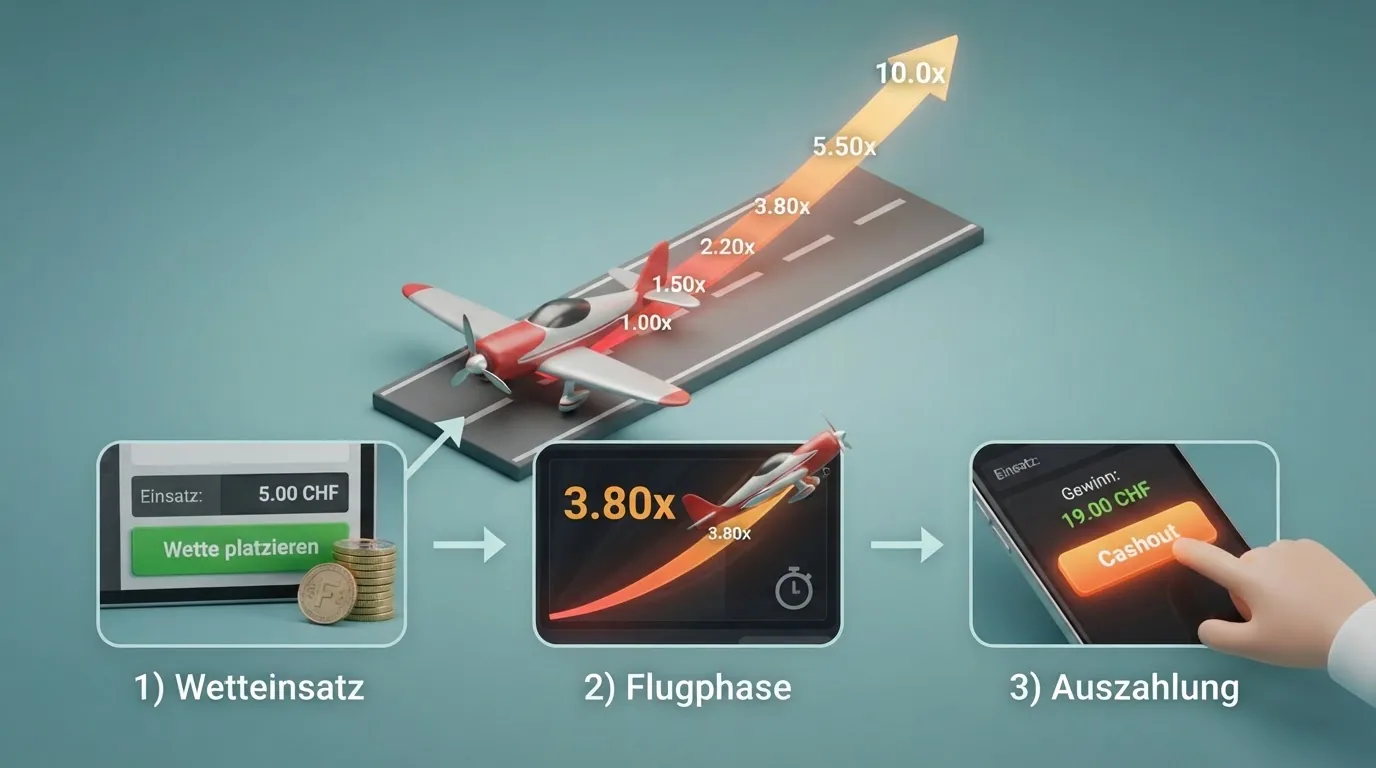 Schematische Darstellung einer Aviator-Spielrunde mit Einsatzphase, Flugphase und Auszahlungszeitpunkt